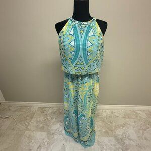 Long Multi Coloured Dress with Jewel Collar